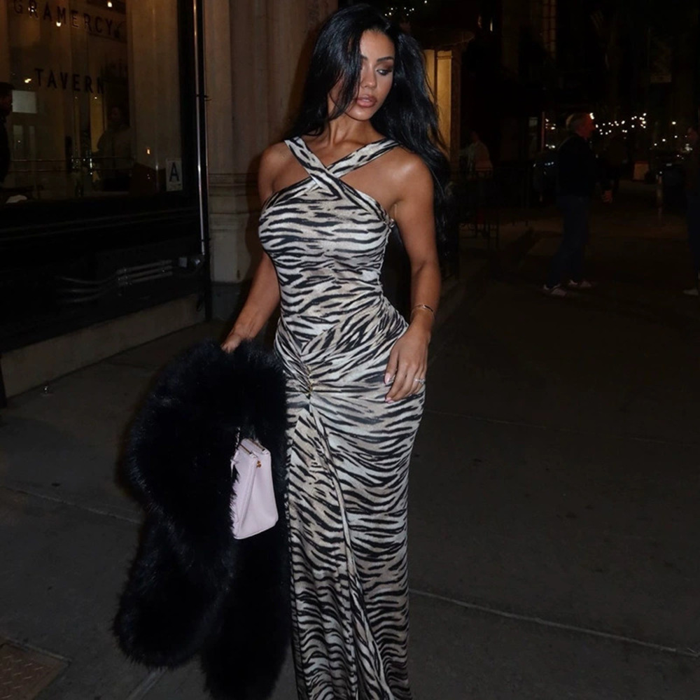 ZARA Street Style Leopard Print Cross Strap Sleeveless Long Bodycon Dress